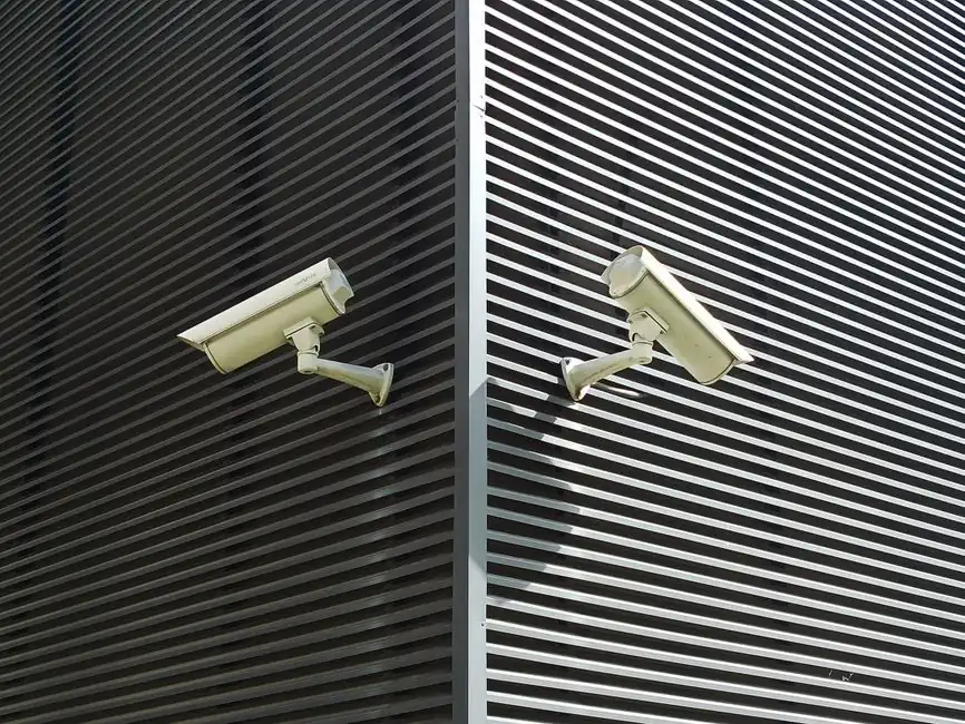 Two security cameras mounted on a slatted wall for surveillance.